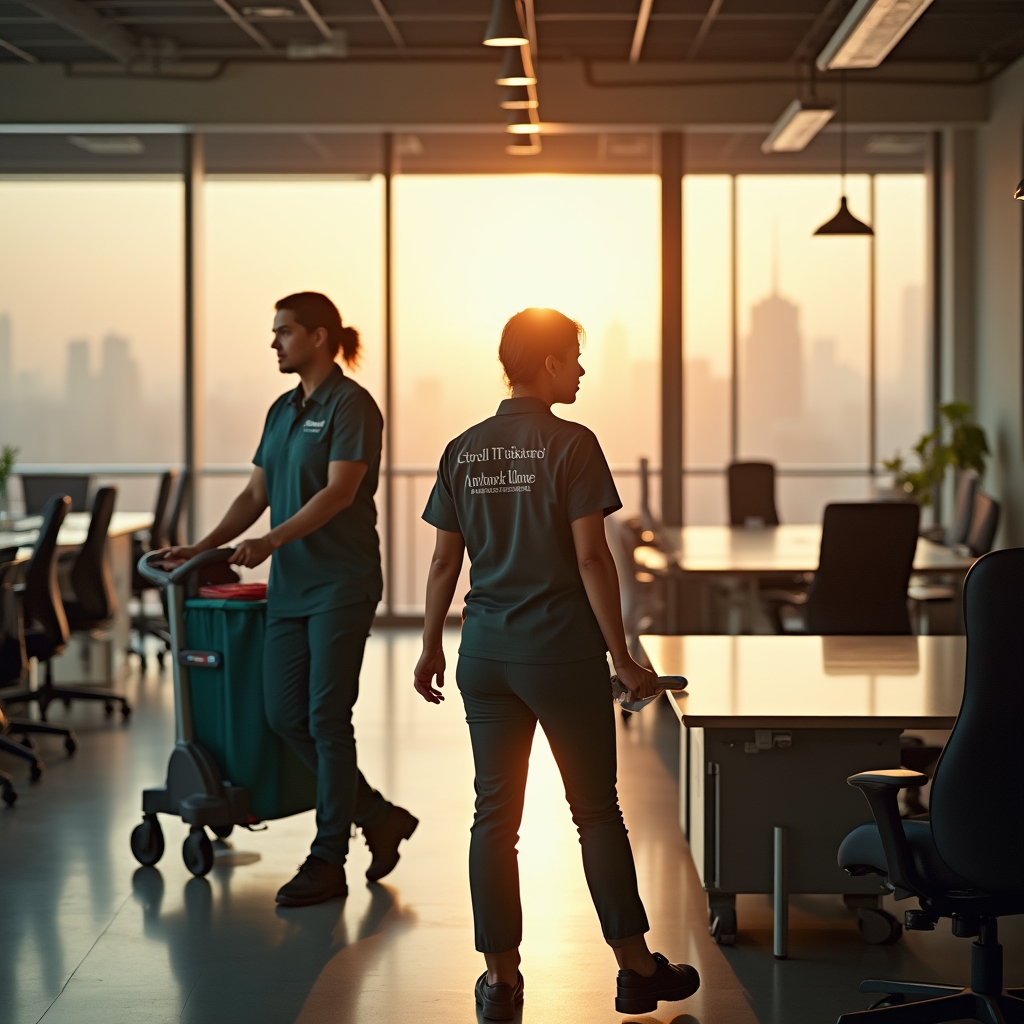 Reinigungsteam bereitet ein modernes Büro am frühen Morgen vor